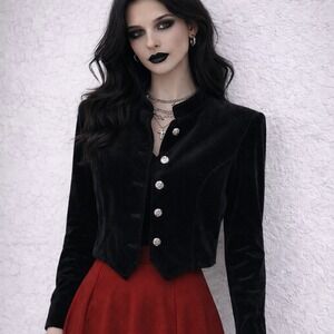 VTG 80s Black Velvet Cropped Jacket Gothic Dark Academia Silver Button Petite 14